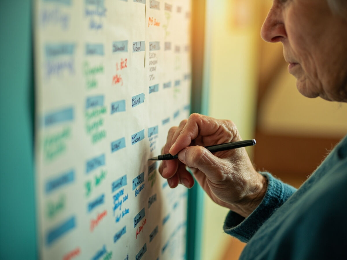 Hand einer Seniorin trägt einen Termin in den Gemeinschaftskalender ein