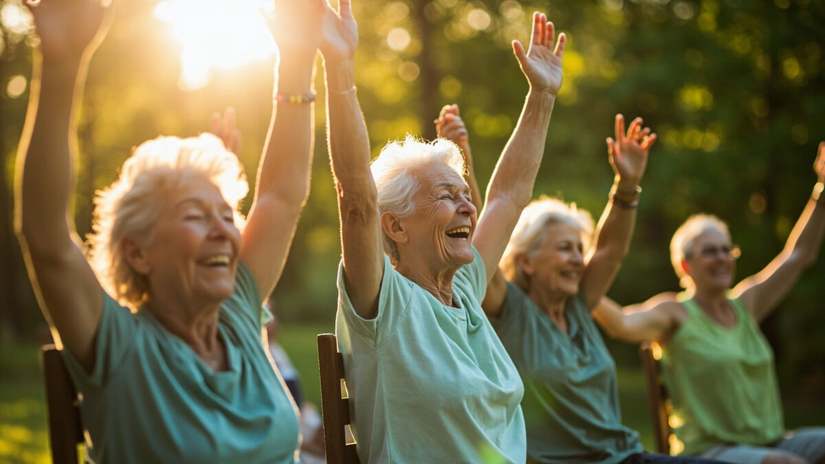 Senior:innen bei einer Sitz-Bewegungseinheit im sonnigen Park