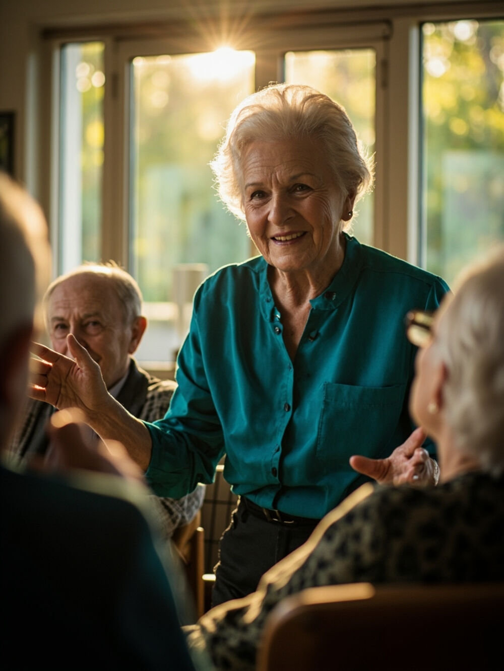 Engagierte Seniorin in türkiser Bluse motiviert eine Gruppe im Gemeinschaftsraum